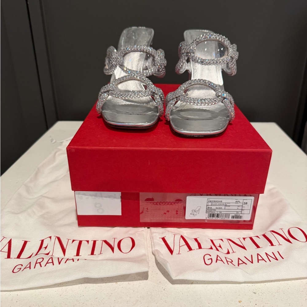 Valentino Silver Crystal-Strap Heeled Sandals
